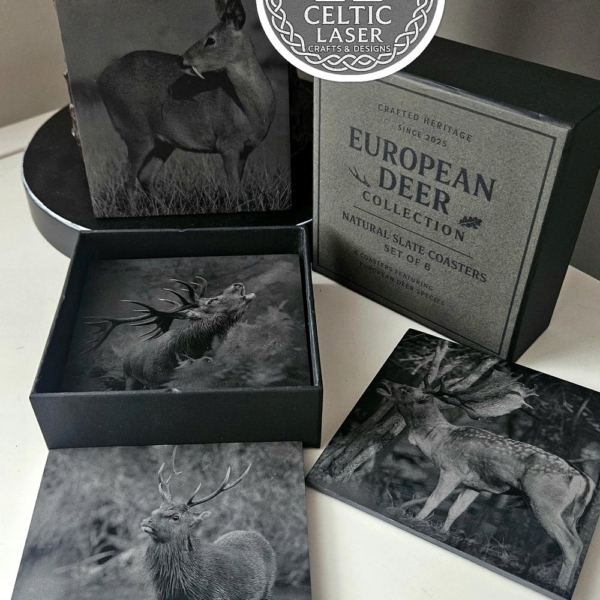 European Deer Coaster Collection – Laser Engraved Slate Coasters Made in Ireland