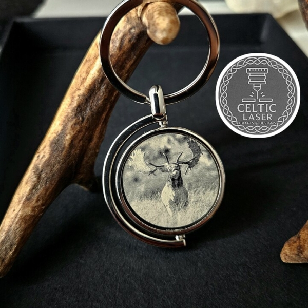 double-sided fallow deer keyring close-up
