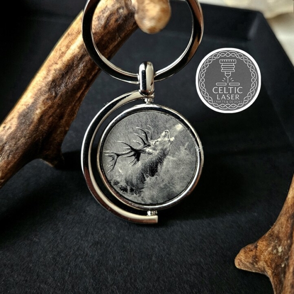 double-sided red deer keyring close-up