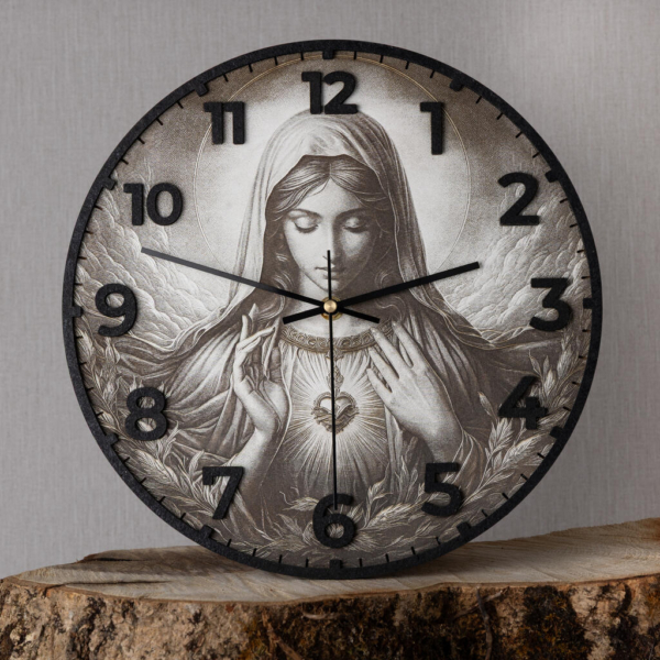 Virgin Mary Wall Clock – Sacred Heart religious clock on wood