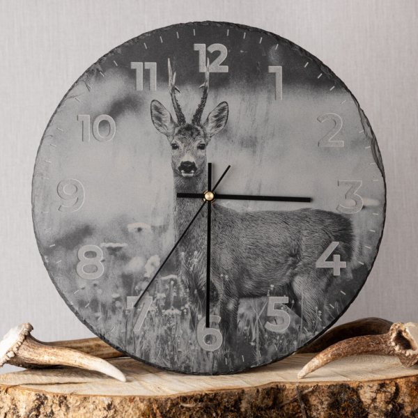 roe buck standing slate clock engraved