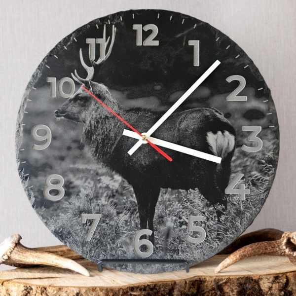 sika stag engraved standing slate clock handmade in Ireland