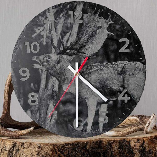 fallow buck standing slate clock engraved